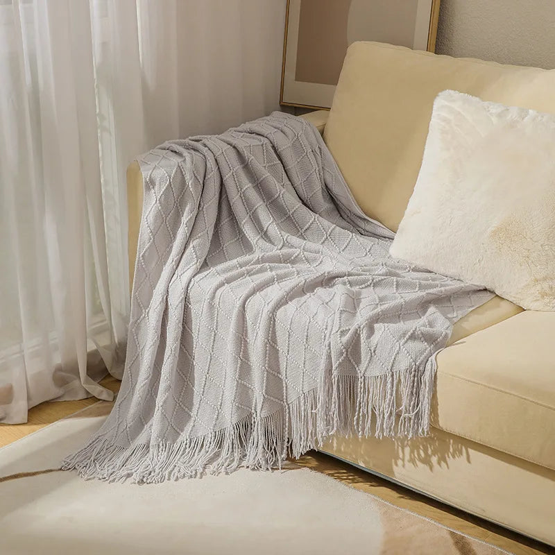 Khaki gift set knitted blanket with tassels, thick vintage luxury oversized throw cover for sofa.