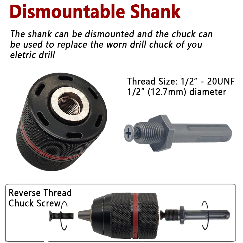 Metal Heavy Duty 1/2-20UNF 13mm Keyless Drill Chuck Hex Shank - enoughdream.com