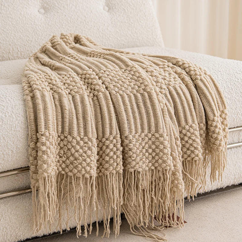 Khaki gift set knitted blanket with tassels, thick vintage luxury oversized throw cover for sofa.