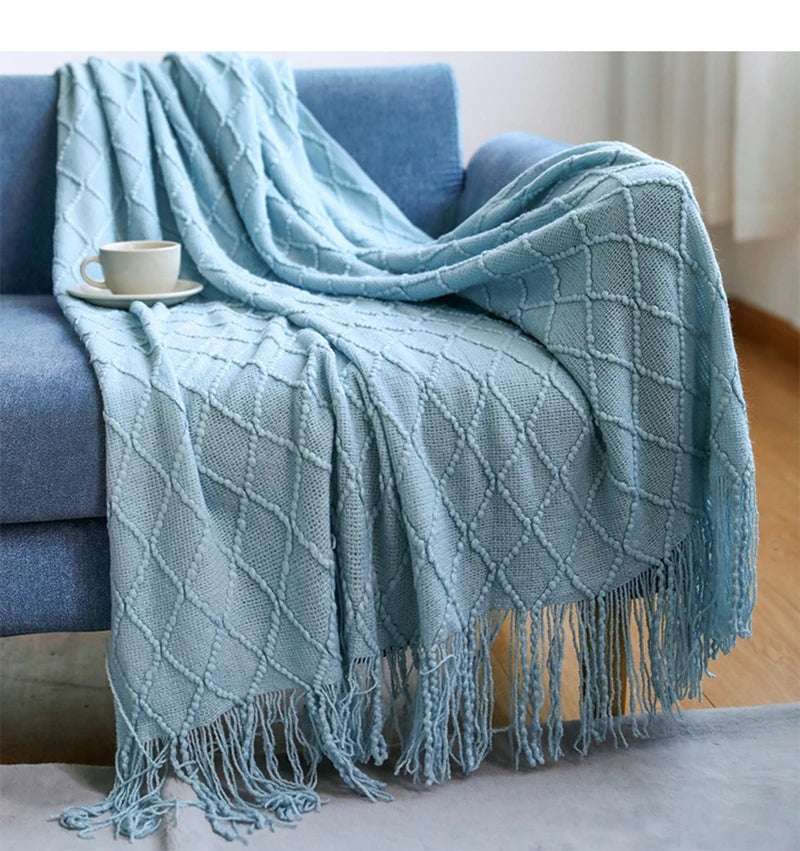 Khaki gift set knitted blanket with tassels, thick vintage luxury oversized throw cover for sofa.