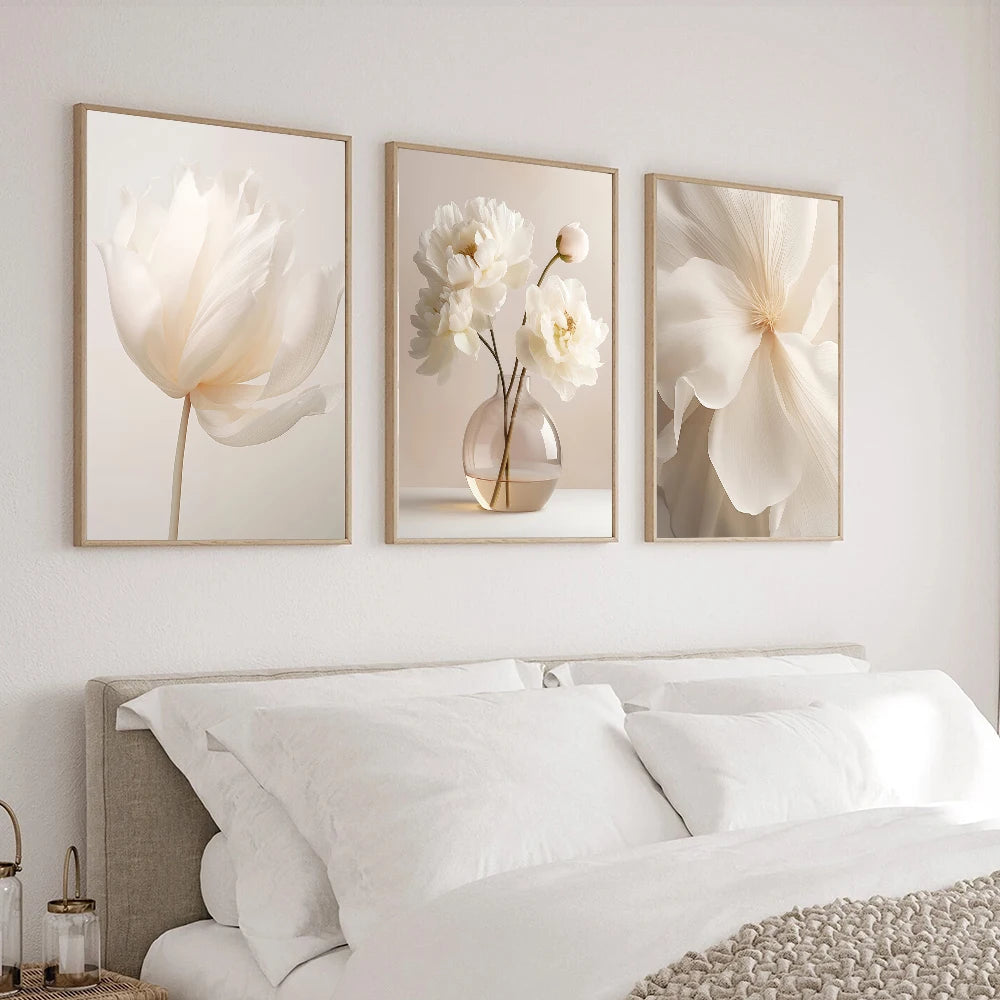 Nordic Beige Peony Flowers Canvas Painting Modern Floral Decoration