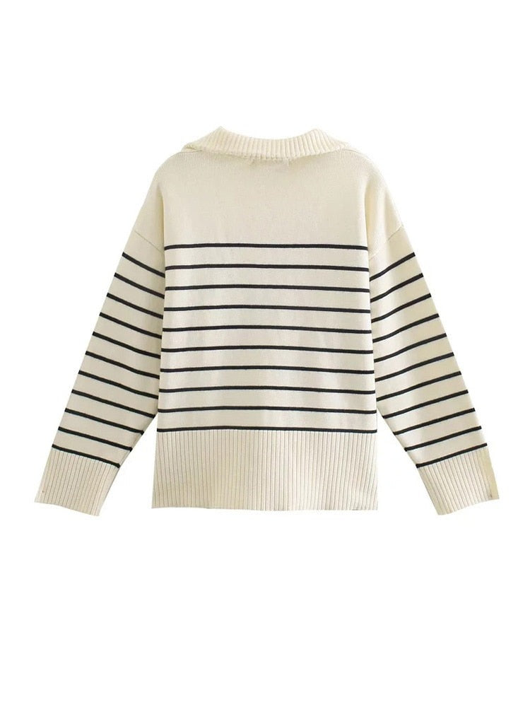 TRAF Women Fashion Loose Striped Asymmetry Knitted Sweaters Vintage Long - enoughdream.com