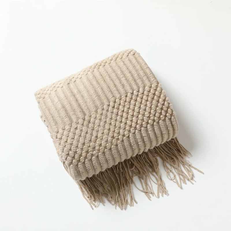 Khaki gift set knitted blanket with tassels, thick vintage luxury oversized throw cover for sofa.