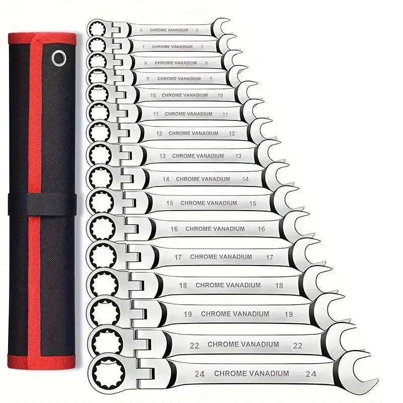 16 size ratchet combination wrench set displayed with a roll-up storage case, featuring chrome vanadium wrenches in various sizes.