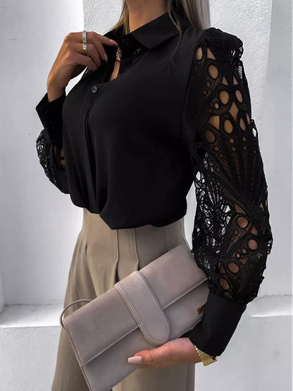 White Sexy Lace Hollow Out Women Blouse Autumn - enoughdream.com