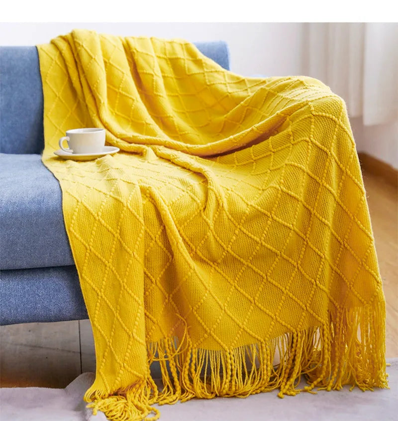 Khaki gift set knitted blanket with tassels, thick vintage luxury oversized throw cover for sofa.