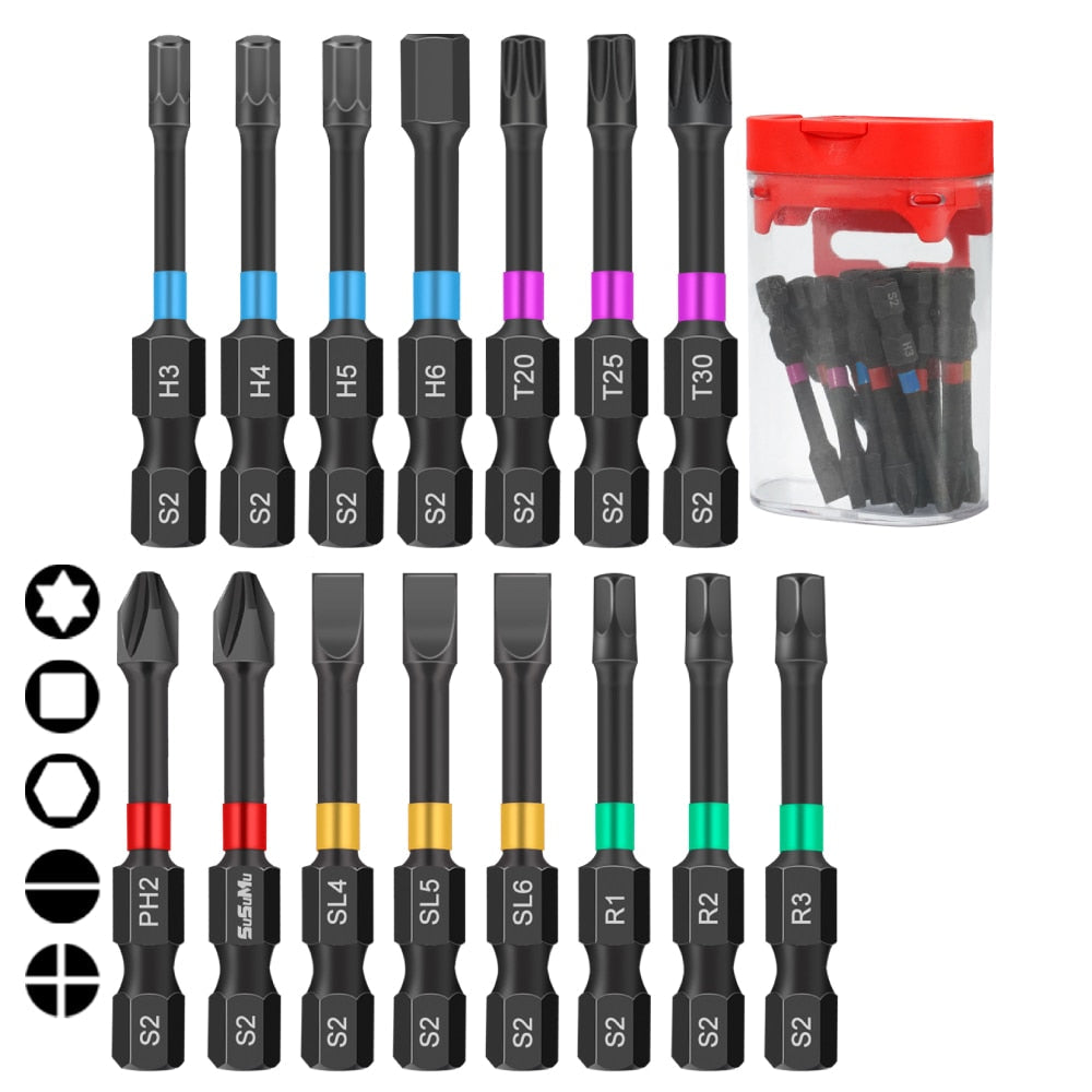 15PCS Magnetic Batch Head Impact Strong Electric Screwdriver Bit Set Magnetic Case - enoughdream.com