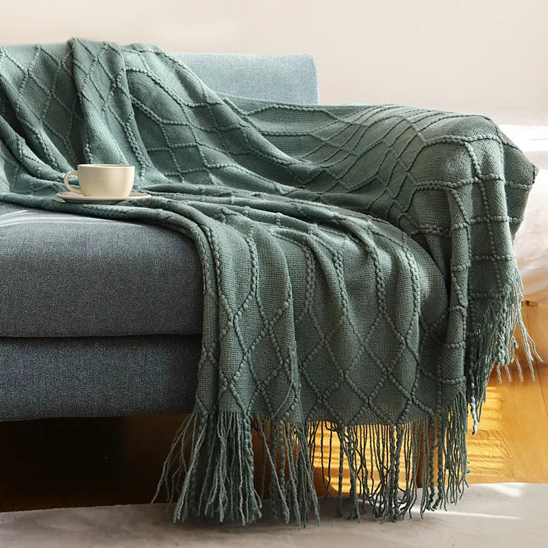 Khaki gift set knitted blanket with tassels, thick vintage luxury oversized throw cover for sofa.