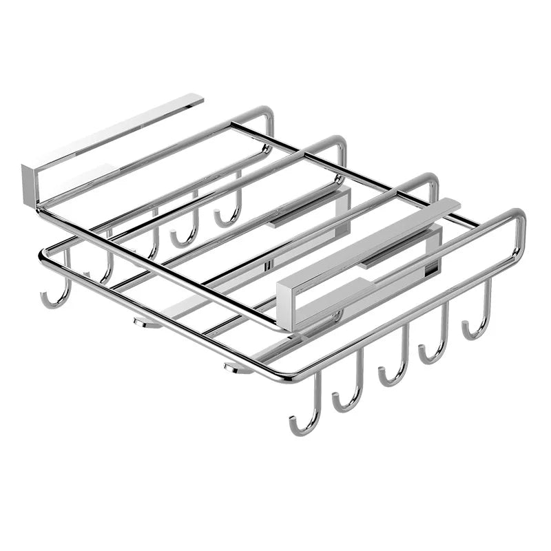 Stainless steel hanging kitchen rack with hooks for paper towels, utensils, and cutting board.