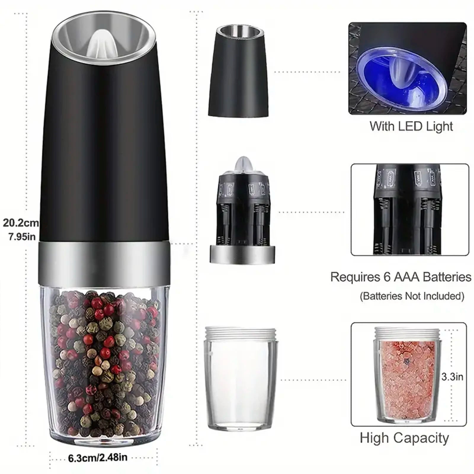 Gravity Electric Salt And Pepper Mill - Tilt To Grind Automatically Battery Powered