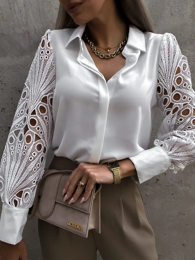 White Sexy Lace Hollow Out Women Blouse Autumn - enoughdream.com