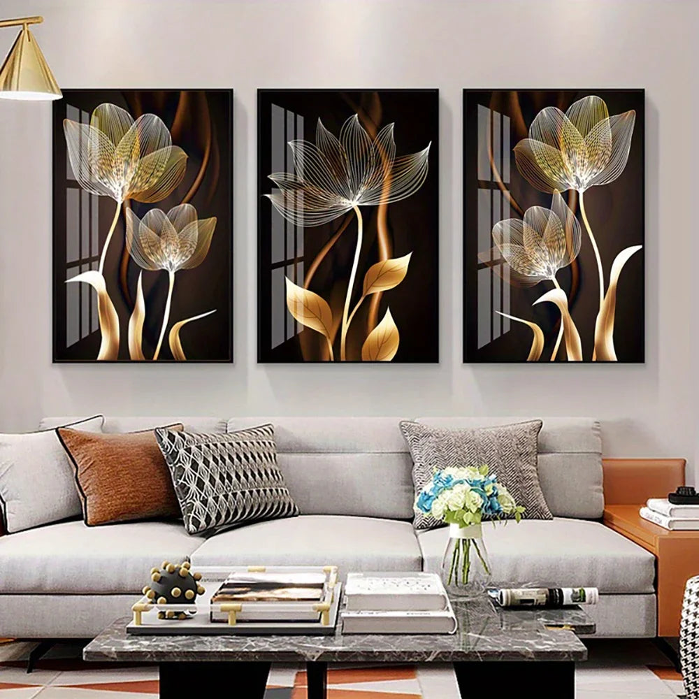 Black and Golden Flower Wall Art Canvas Painting  Decor Modern