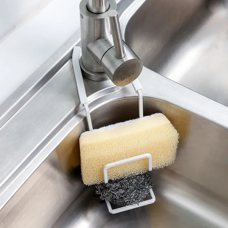Metal kitchen sink support with drainer and sponge organizer