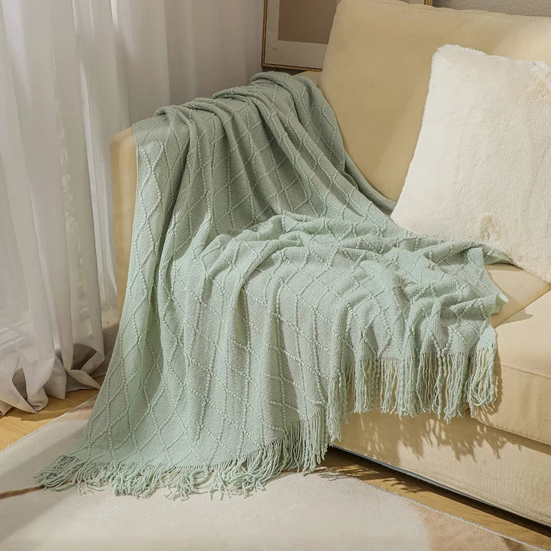 Khaki gift set knitted blanket with tassels, thick vintage luxury oversized throw cover for sofa.