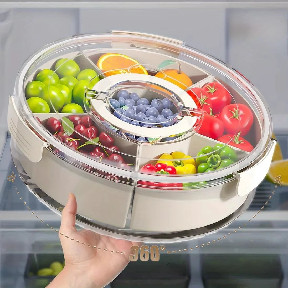 Food storage with 5 compartments, rotating storage container