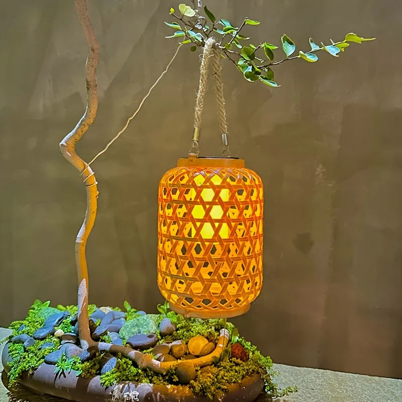 Solar Powered Rattan Lantern Chandelier Plastic Material