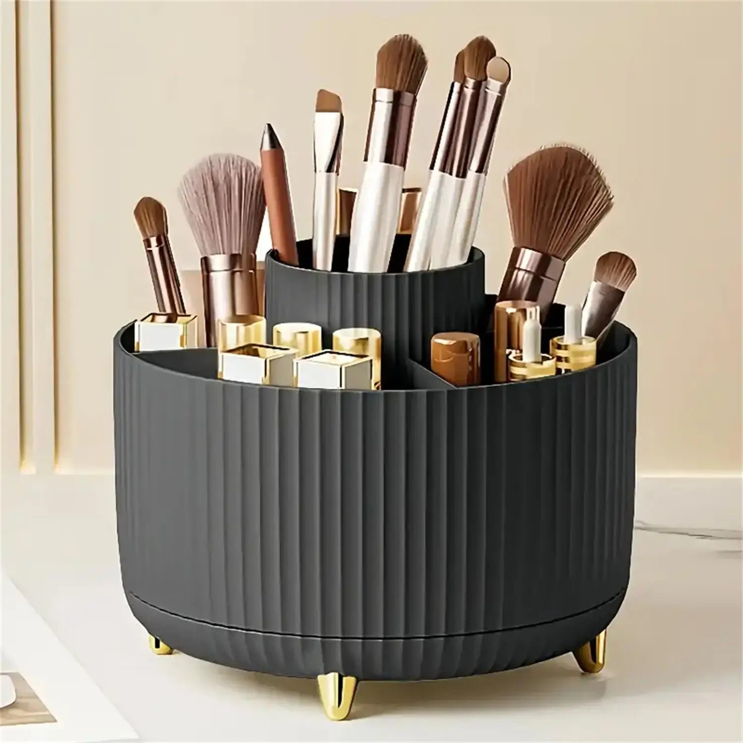 360° Rotating Makeup Organizer - 1pc Plastic Cosmetic Storage with 5 Compartments