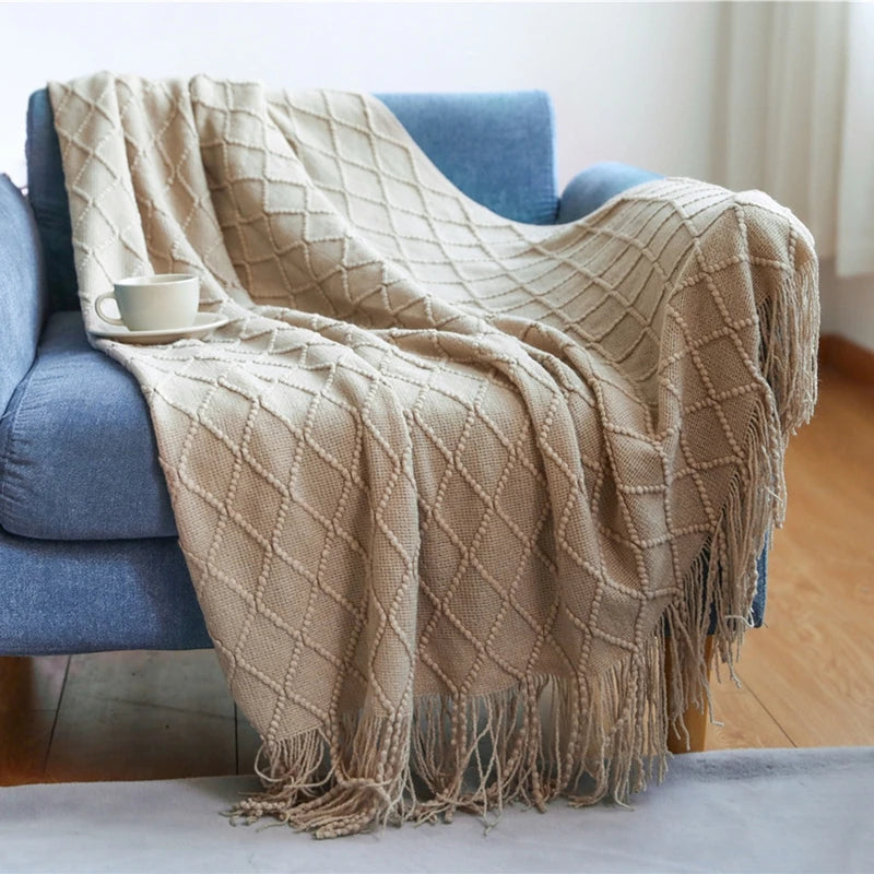 Khaki gift set knitted blanket with tassels, thick vintage luxury oversized throw cover for sofa.