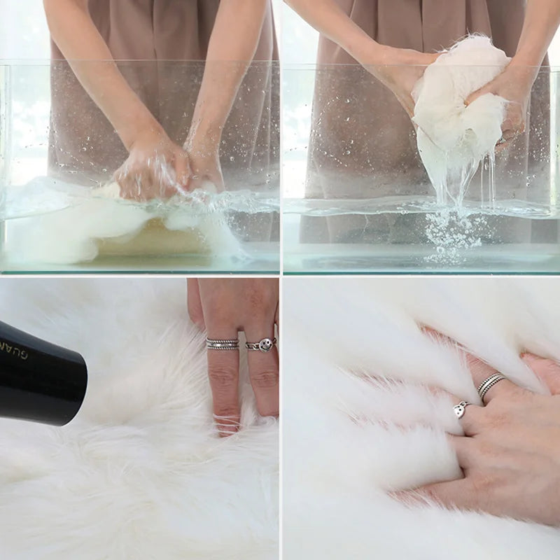 Soft and fluffy imitation sheepskin rug luxurious for bedroom or living room.