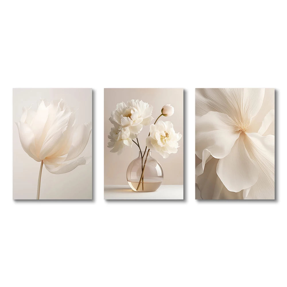 Nordic Beige Peony Flowers Canvas Painting Modern Floral Decoration