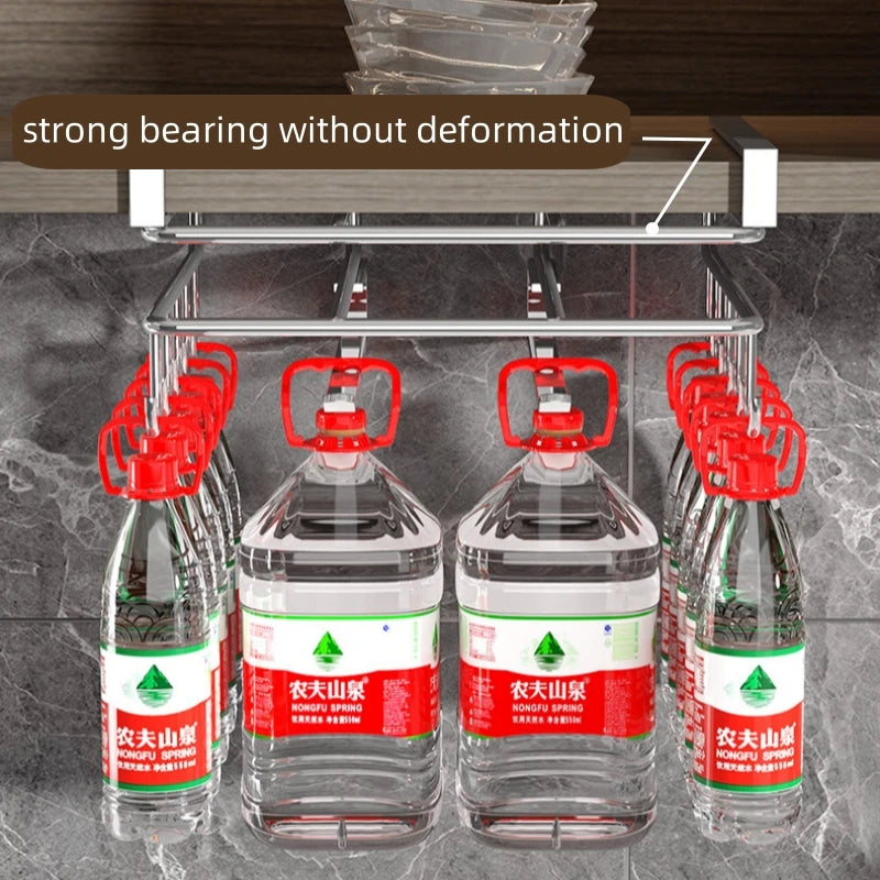 Stainless steel hanging kitchen rack with hooks for paper towels, utensils, and cutting board.