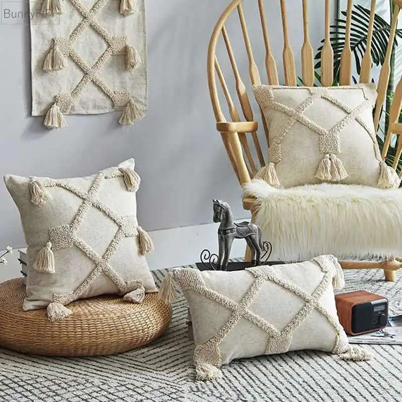 Beige neutral tassel pillowcase for living room, bedroom decor