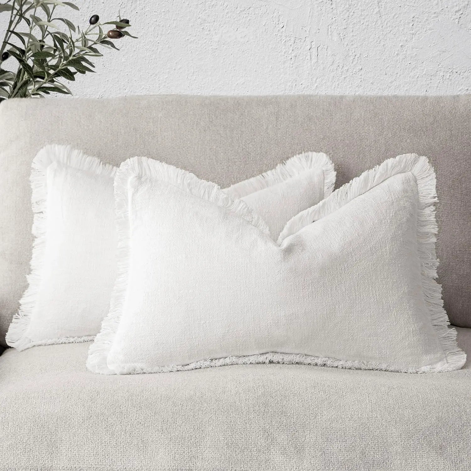 Set of 2 decorative linen cushion covers with fringes for sofa