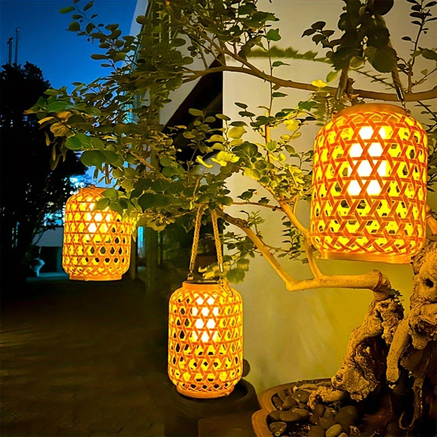 Solar Powered Rattan Lantern Chandelier Plastic Material