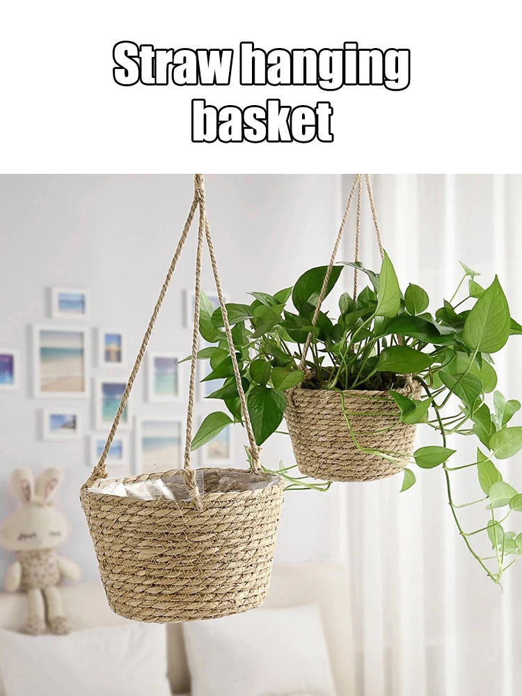 Straw Hanging Basket Planter Twine Woven Flower