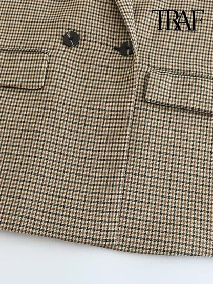 TRAF Women Fashion Double Breasted Plaid Blazer - enoughdream.com