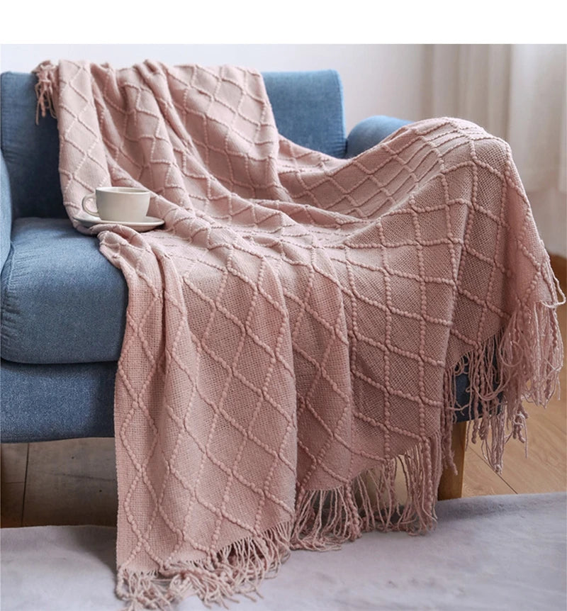 Khaki gift set knitted blanket with tassels, thick vintage luxury oversized throw cover for sofa.