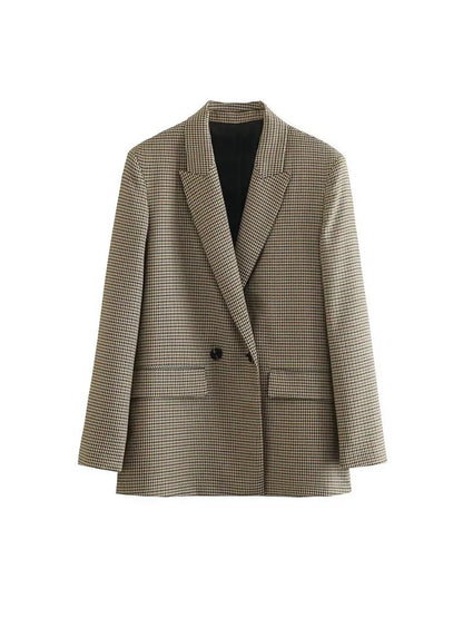 TRAF Women Fashion Double Breasted Plaid Blazer - enoughdream.com