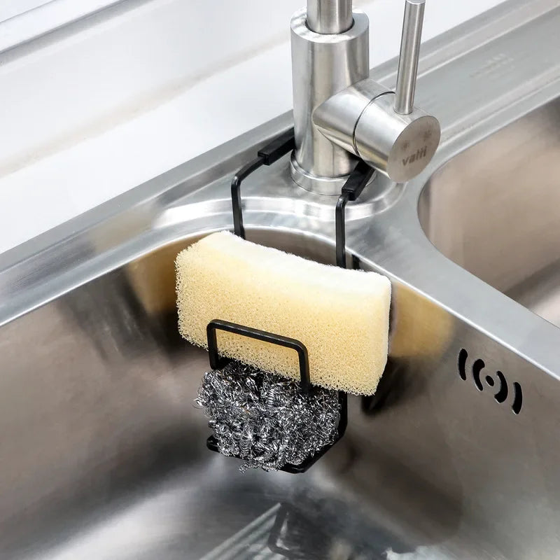 Metal kitchen sink support with drainer and sponge organizer