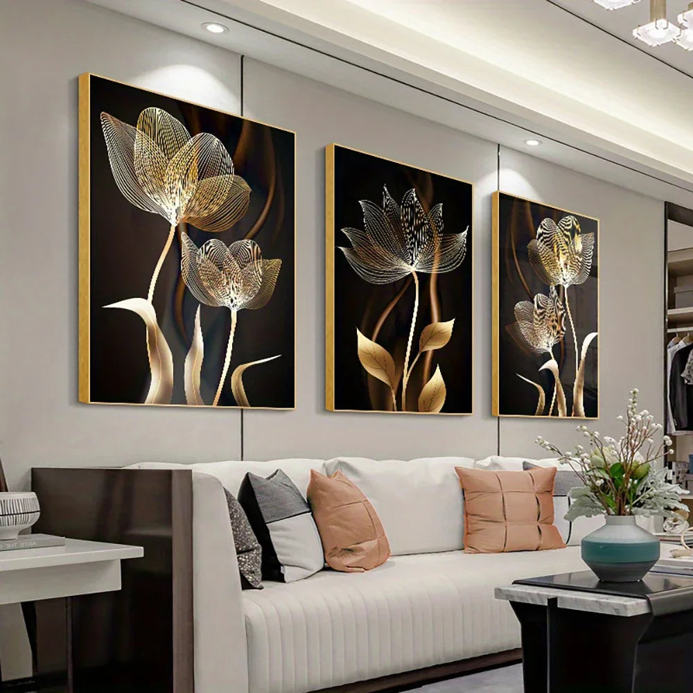 Black and Golden Flower Wall Art Canvas Painting  Decor Modern