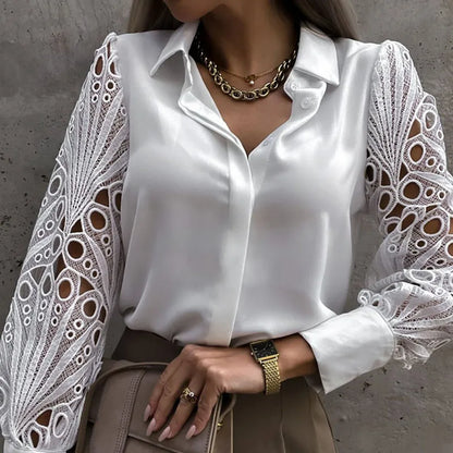 White Sexy Lace Hollow Out Women Blouse Autumn - enoughdream.com