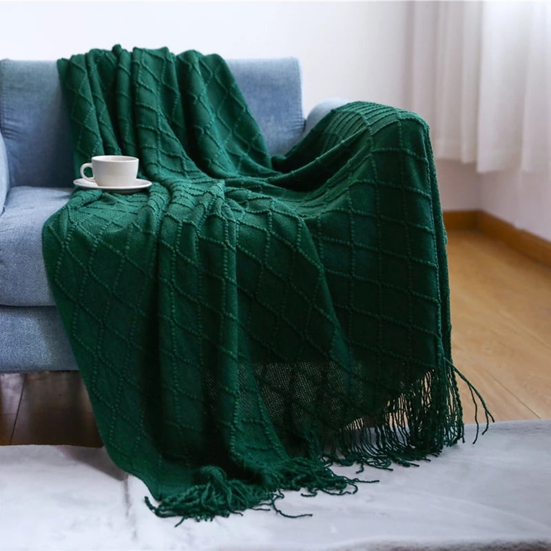 Khaki gift set knitted blanket with tassels, thick vintage luxury oversized throw cover for sofa.