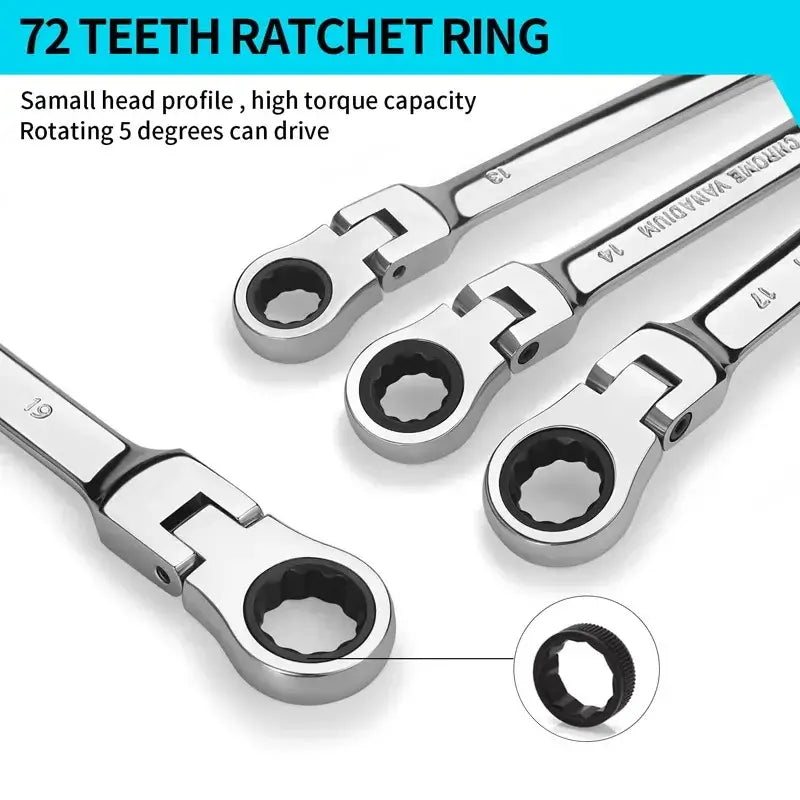 Close-up view of 72 teeth ratchet ring wrenches showcasing small head profile and high torque capacity.