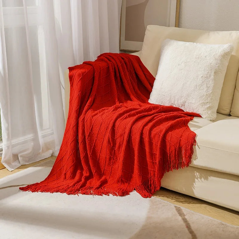 Khaki gift set knitted blanket with tassels, thick vintage luxury oversized throw cover for sofa.