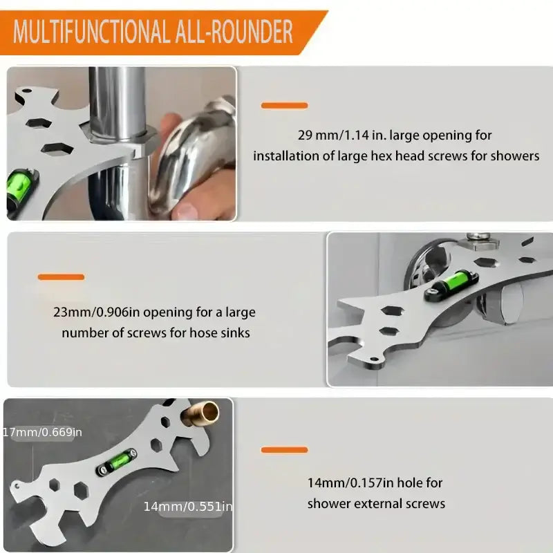 Multifunctional stainless steel wrench installation level showing various openings for screws and a built-in level.