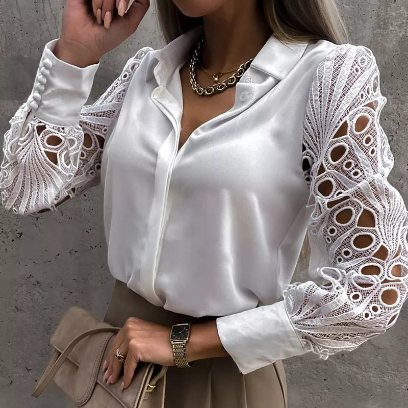 White Sexy Lace Hollow Out Women Blouse Autumn - enoughdream.com