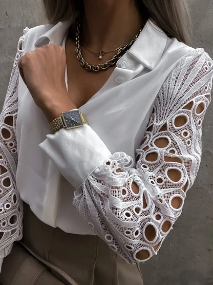 White Sexy Lace Hollow Out Women Blouse Autumn - enoughdream.com