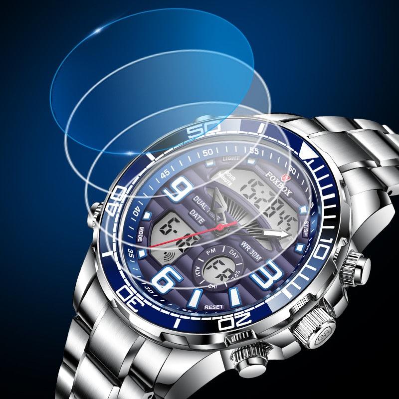 Relógios Digitais Top Luxo Quartzo Esportivo Todo Aço Militar Relógio à Prova D' Água + Caixa - 2023 LIGE Marca Foxbox - A.S Foco