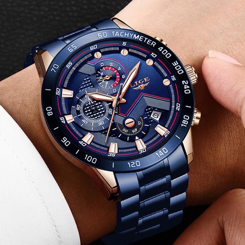 Relógios Masculinos de Aço Inoxidável Marca Top Luxo Esporte Cronógrafo Quartzo - 2023 Novo LIGE - A.S Foco