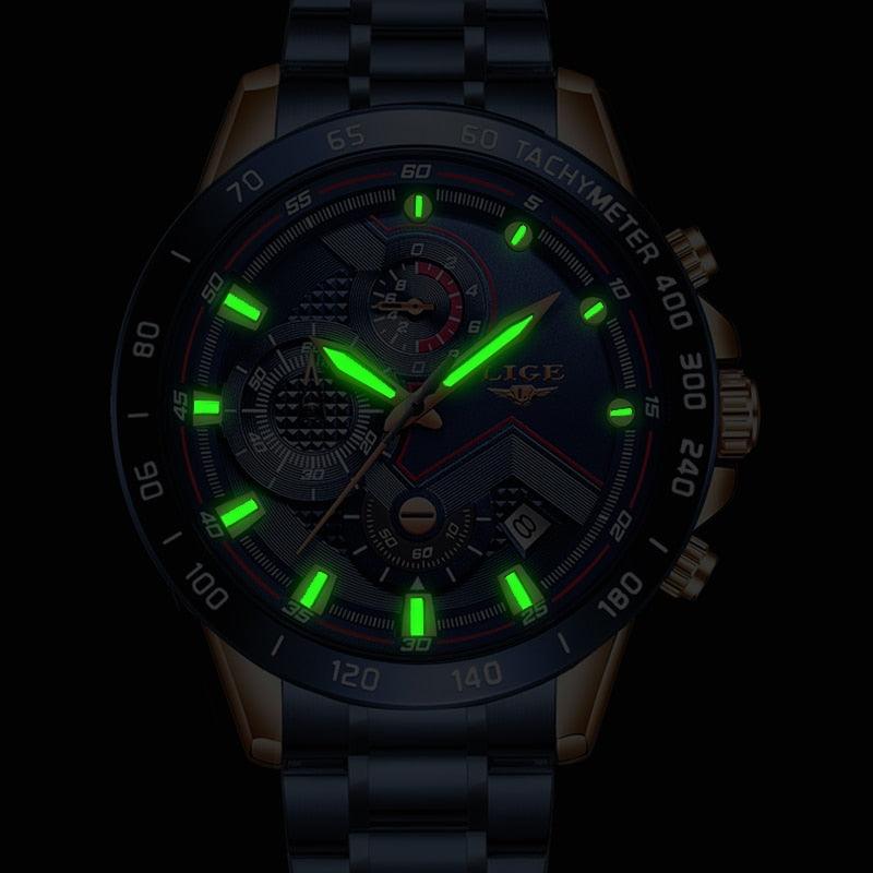 Relógios Masculinos de Aço Inoxidável Marca Top Luxo Esporte Cronógrafo Quartzo - 2023 Novo LIGE - A.S Foco