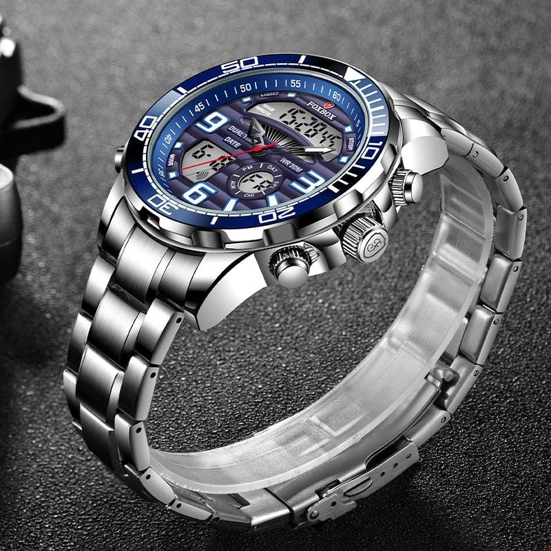 Relógios Digitais Top Luxo Quartzo Esportivo Todo Aço Militar Relógio à Prova D' Água + Caixa - 2023 LIGE Marca Foxbox - A.S Foco