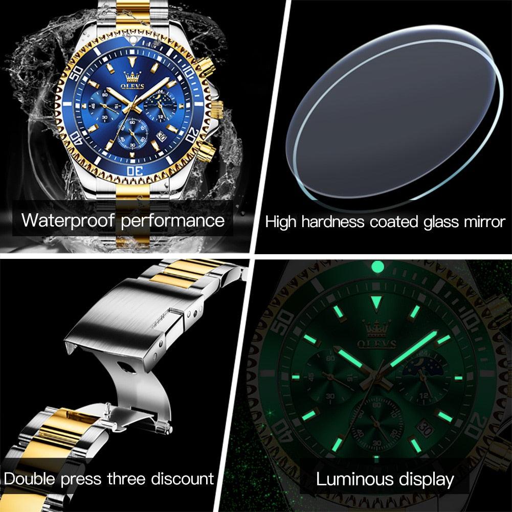 Relógios de luxo da melhor marca à prova d'água, aço inoxidável, cronógrafo, fase da lua, data, mostrador rotativo - OLEVS - A.S Foco
