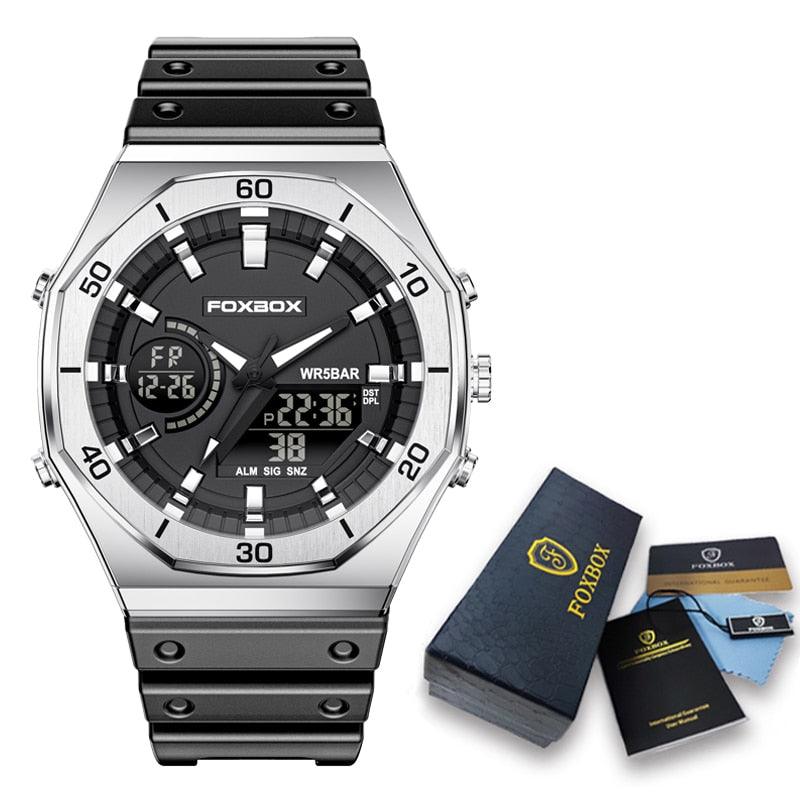 Relógios masculinos de luxo, à prova d'água, com exibição dupla, relógio de pulso com LED, novo + caixa - FOXBOX - A.S Foco