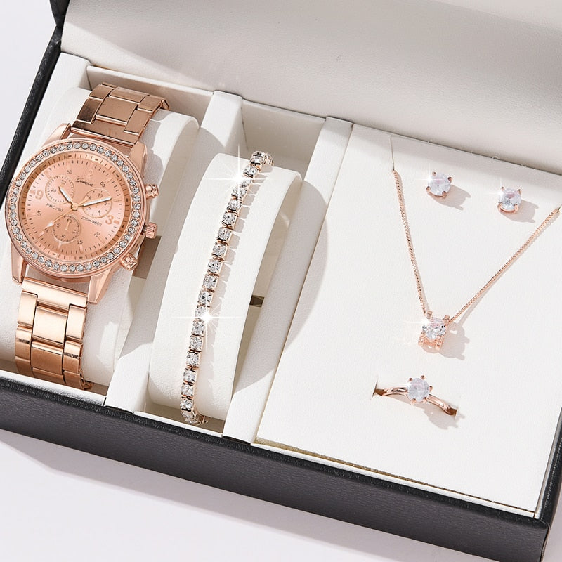 Luxury Women's Watch Ring, Necklace, Earrings and Bracelet Watch-Rhinestones