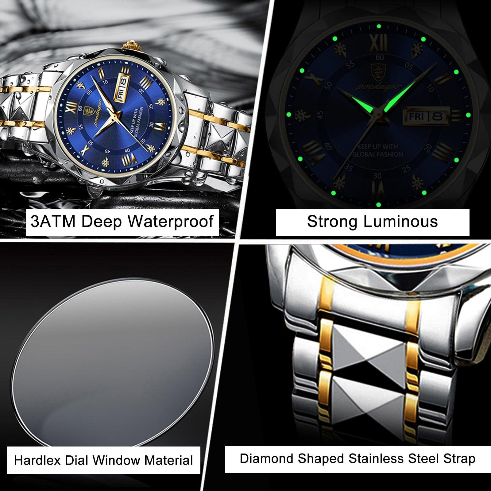 Relógio de luxo de negócios, à prova d'água, luminoso, data, semana, quartzo, POEDAGAR + caixa - A.S Foco